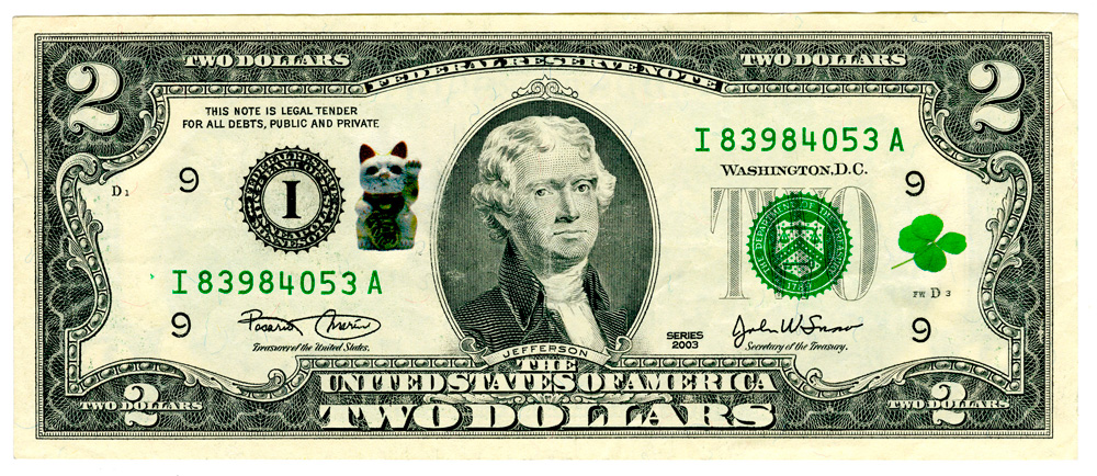 1000 dollar bill. Inkjet on two-dollar bill.